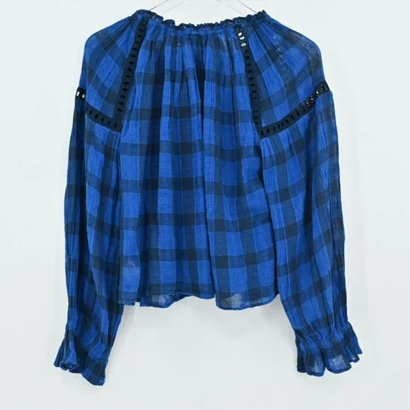 FREE PEOPLE Womens Size XS Honey Grove Blue Black Eyelet Ruffle Sleeve Plaid Top - Picture 4 of 9
